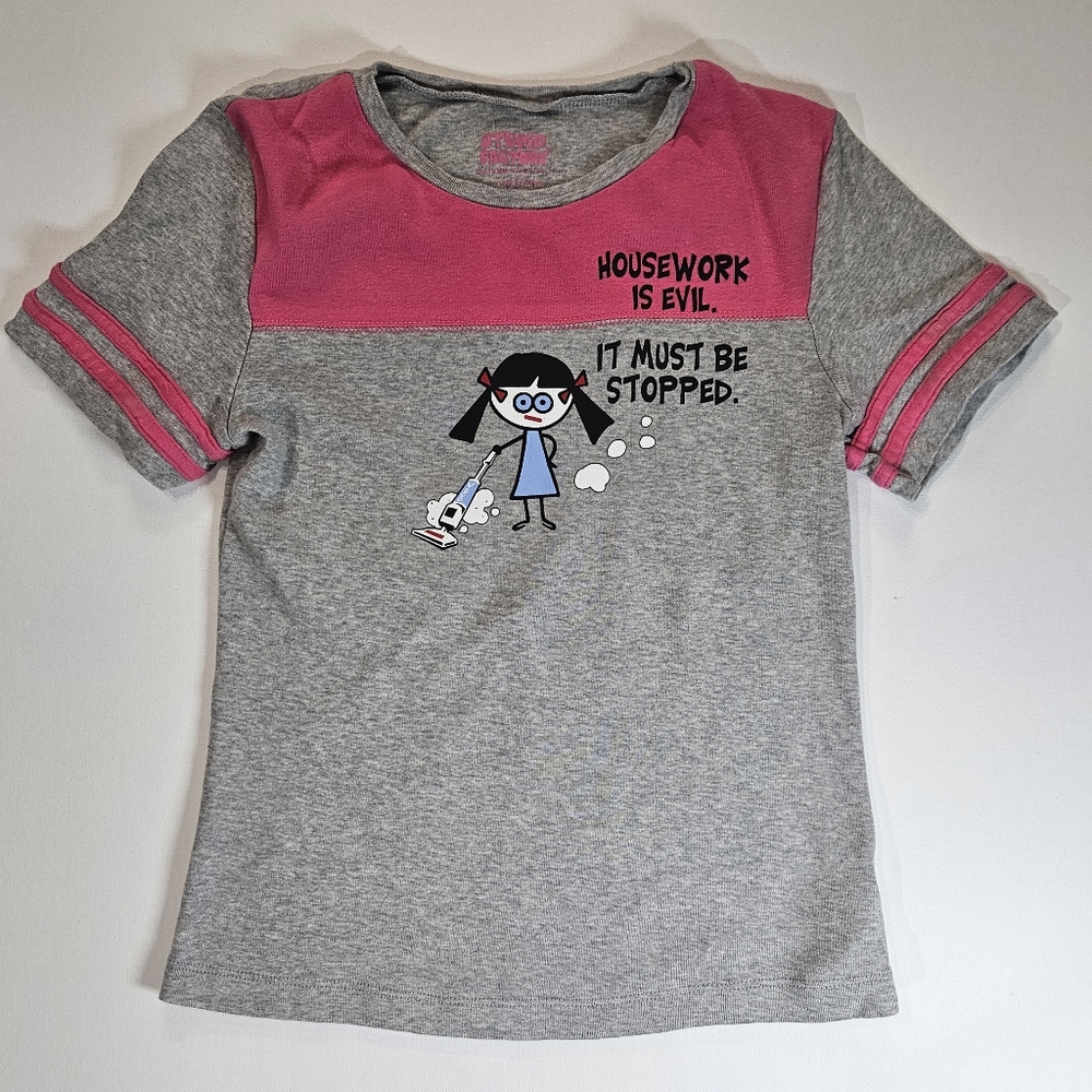 Stupid Factory T-shirt Womens Small Grey Pink Graphic Cotton Casual Novelty Tee‎